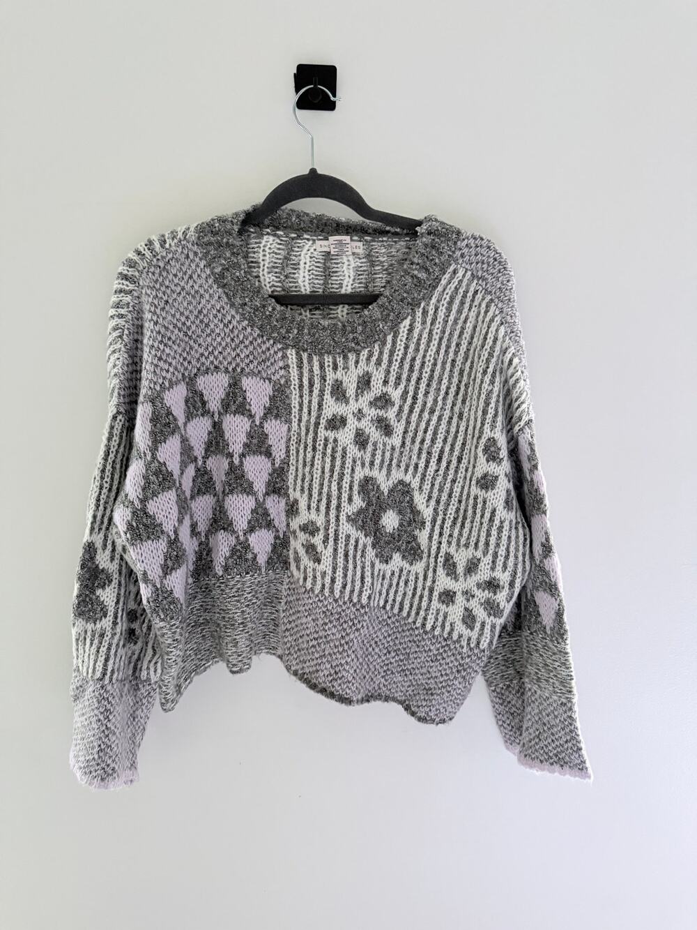 Sincerely Jules Purple Gray Floral Crop Bell Cozy Patchwork Knit Sweater-Size M